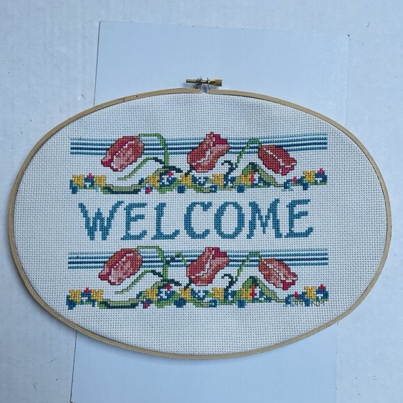 Handmade Home Cross Stitch Ring Art Welcome Floral Decor - Picture 1 of 5